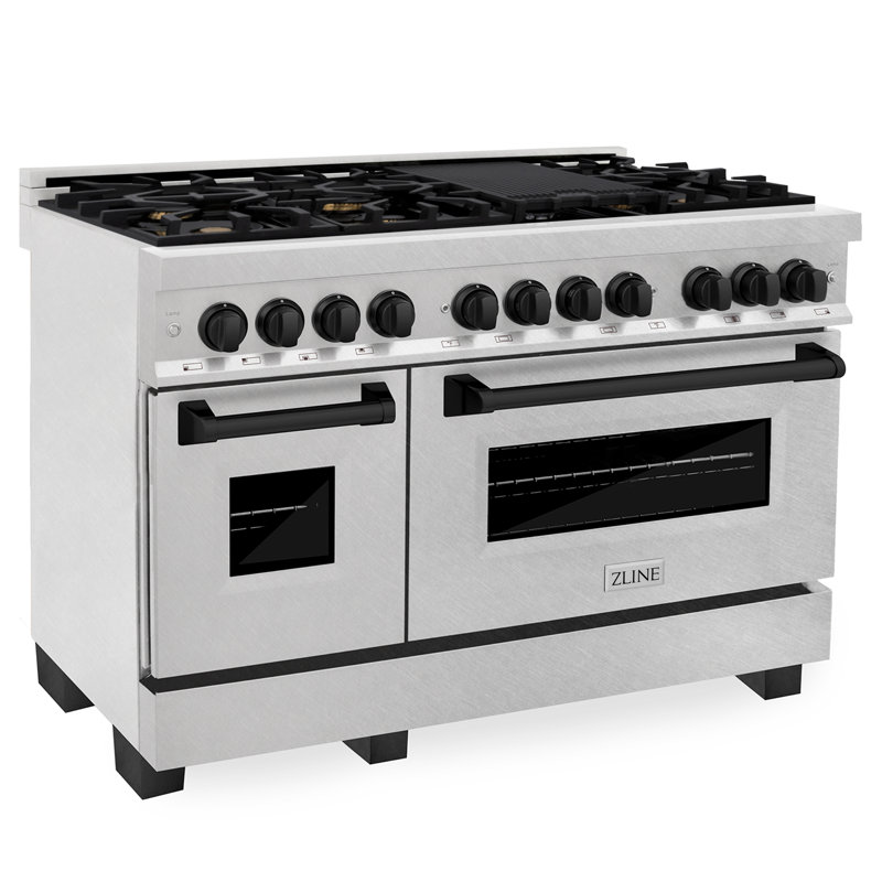 ZLINE Autograph 48" Legacy Dual Fuel Range in DuraSnow®, Matte Black Satin Stainless Steel
