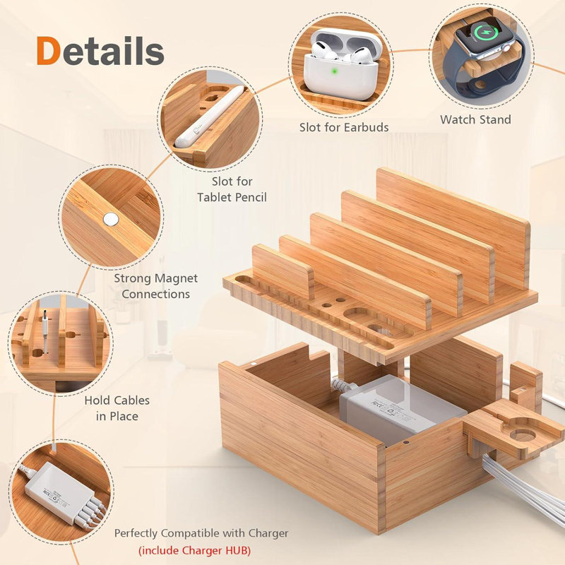 Bamboo Charging Station For Multiple Devices Include 5 Port USB Charger, 5 Cables,Style 1