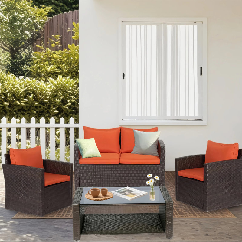 Arlington Outdoor Wicker 4 Piece Seating Group, Dark Orange