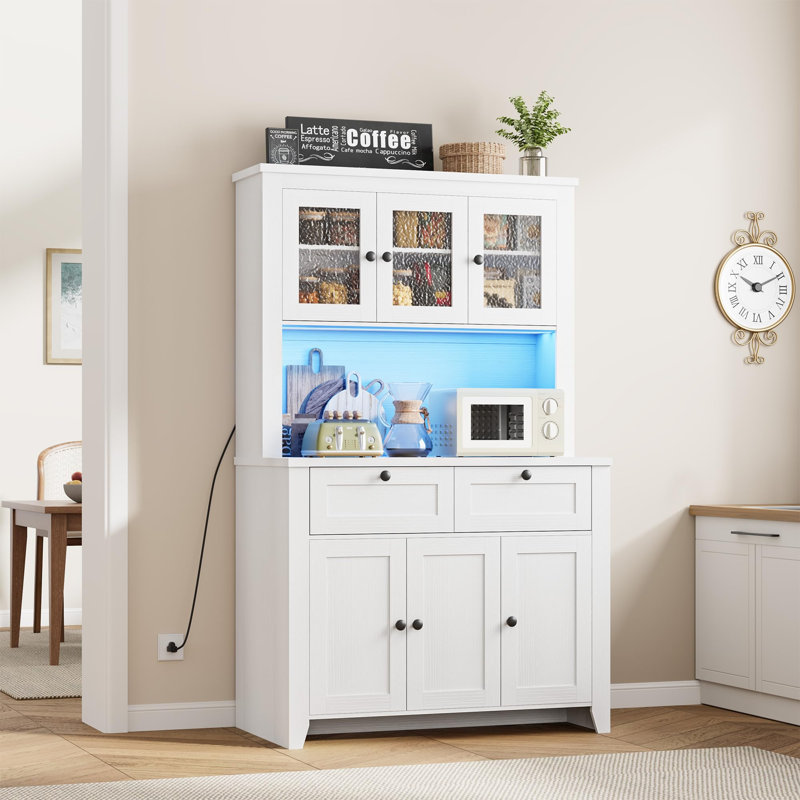 Bar Armoire à café haute avec 4 grandes armoires et 2 tiroirs, Blanc