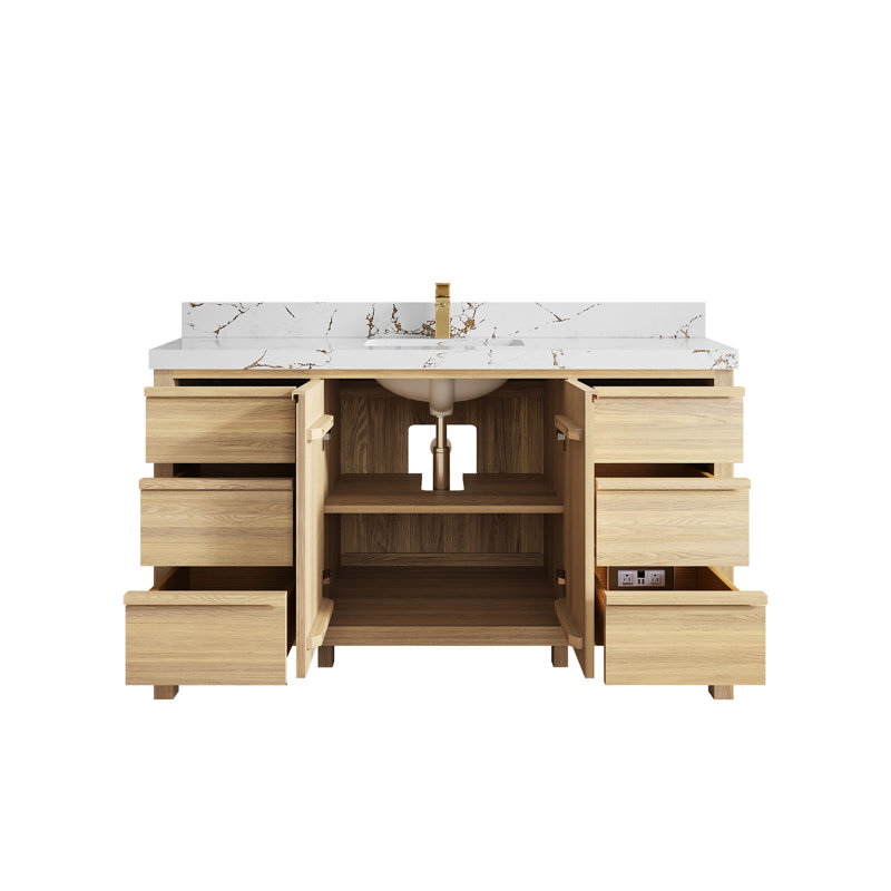 Chêne Elizabeth 60 po X P 22 po D Meuble-lavabo simple avec 2 po Quartz, Brun Viola