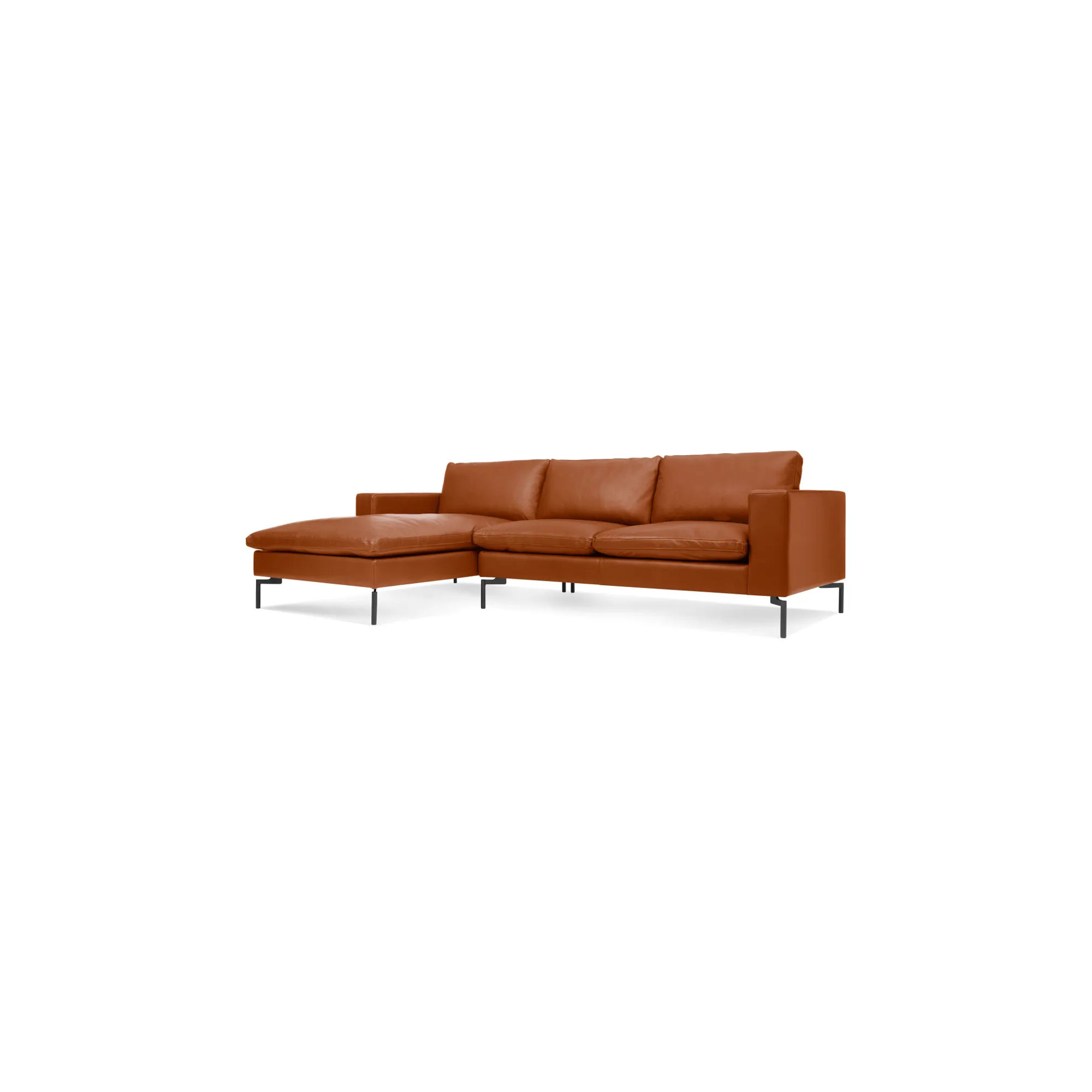 New Standard Upholstered Chaise L-Sectional, Toffee Leather, Left Hand Facing, Black