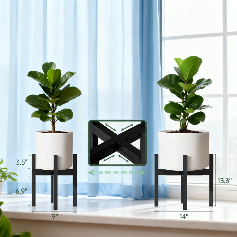 Support pour plante réglable en paquet de 2, support pour plante en métal robuste pour pots de 9 à 14 pouces, support pour pot de fleurs intérieur et extérieur à double hauteur, design moderne Mid-Century