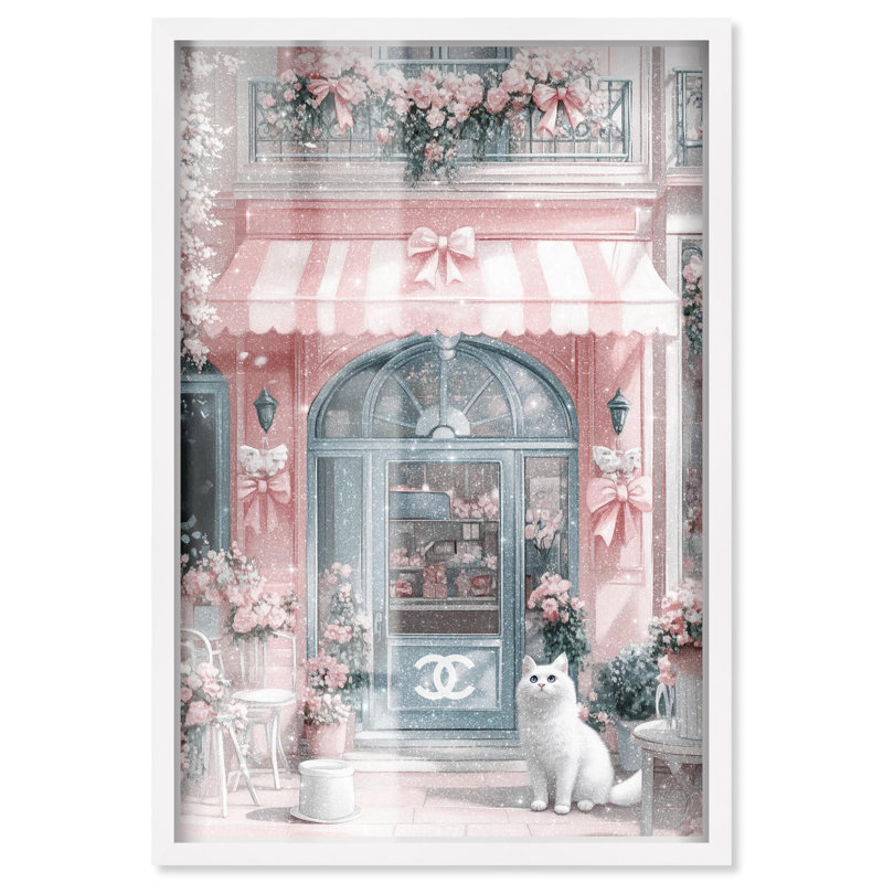 «Cat at the Bow Store Shadowbox Print Glam Art Prints» par Art Remedy, H 31 po x l 21 po, Blanc
