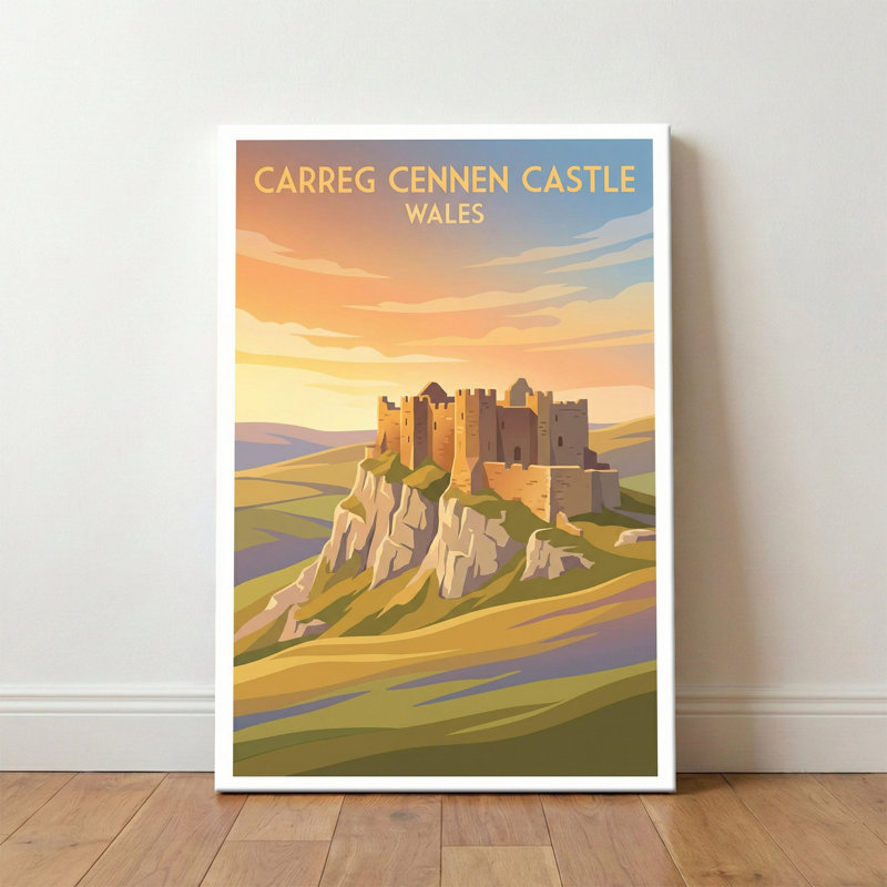 Carreg Cennen Castle, Wales - Cliff-Top Romance Travel Poster. Giclee Print On Wrapped Canvas. Wall Art, Home Decor - Castles & Palaces, Wales - Wrapped Canvas Print