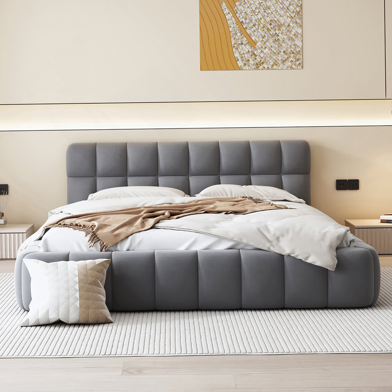 Lit plateforme tapissier avec tissu épais, lit au sol avec structure solide, Beige