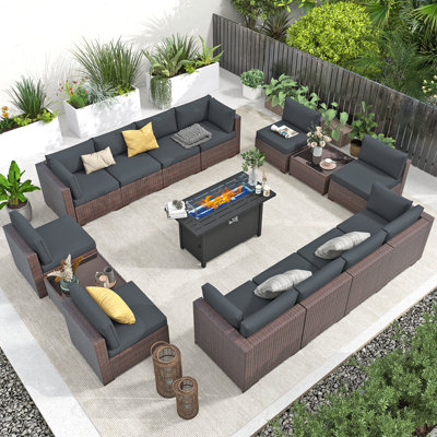 Wicker 12- Person Modular Patio Conversation Sets With Firepit Table