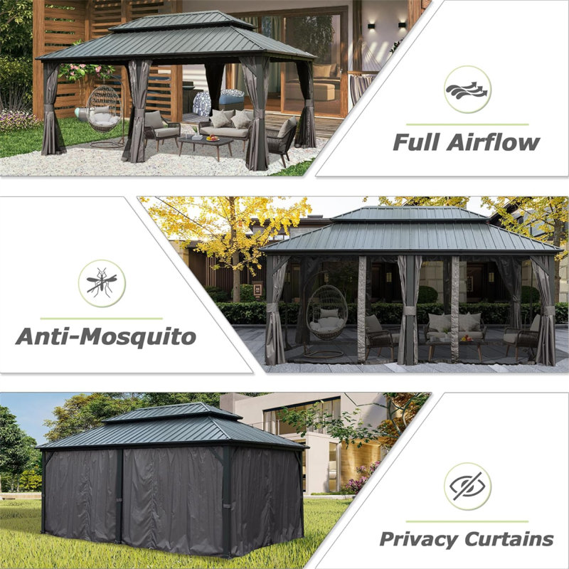 Pavillon de jardin d'extérieur en aluminium, Gris