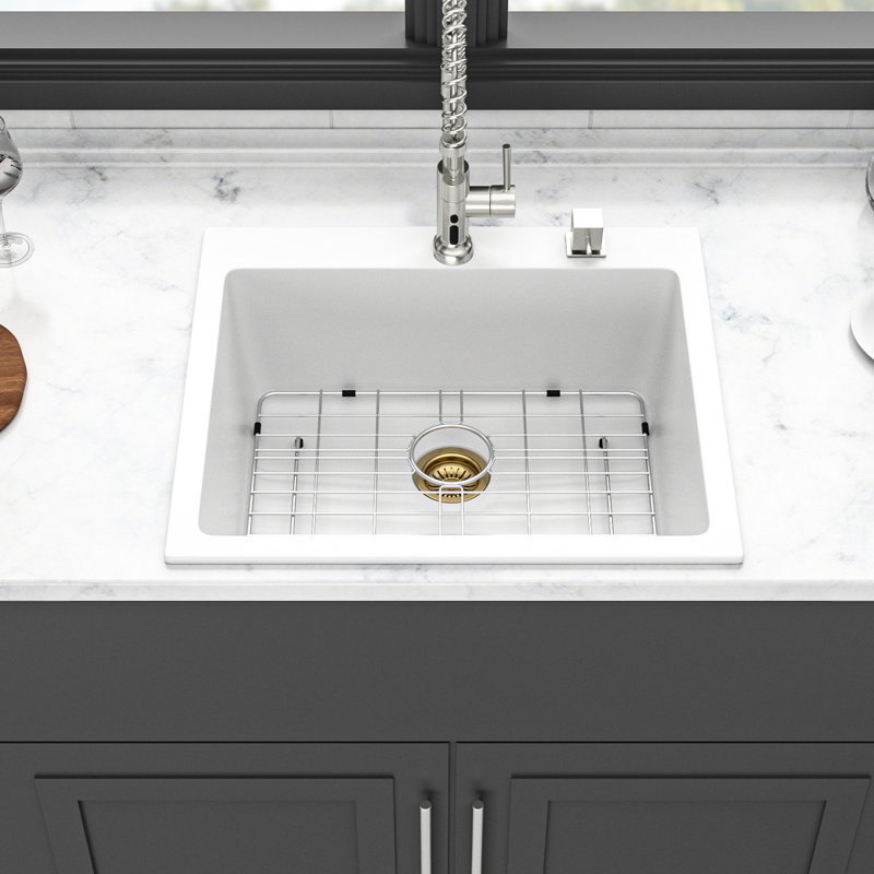 Évier de cuisine encastré en quartz blanc 25 po x 22 po, pierre épaisse pour l'élimination des vibrations, surface anti-égratignures et poreuse, ensemble avec évier avec grille de séchage 25 po x 22 po, essuyage à surface lisse, performance silencieuse,