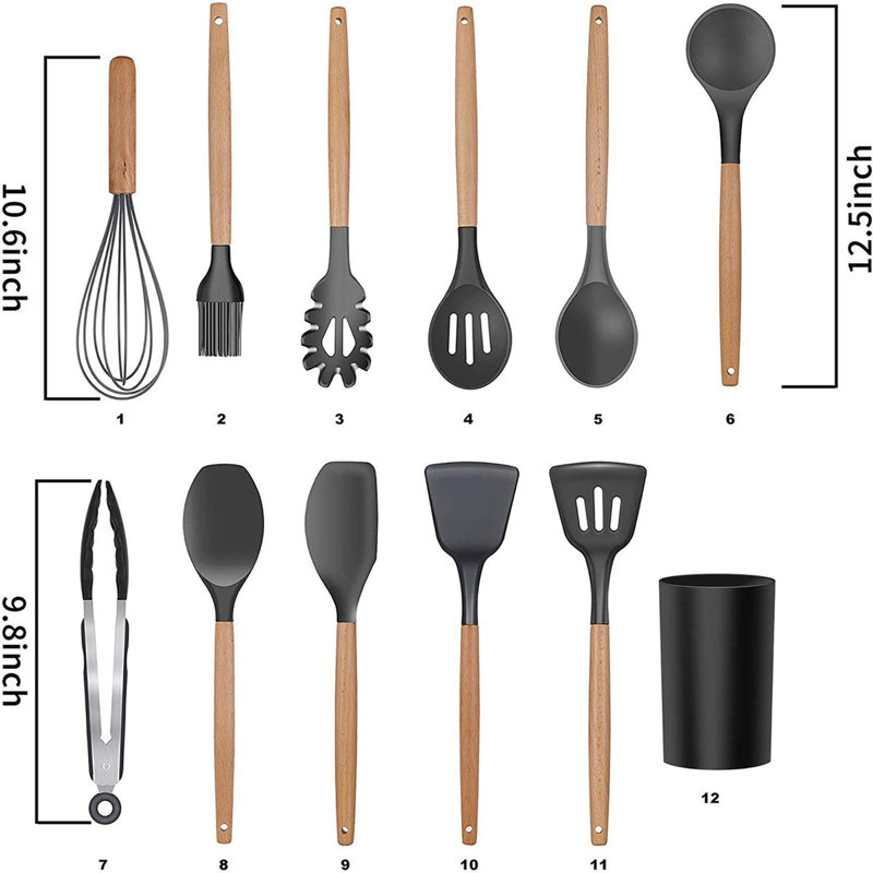 Silicone Cooking Utensils Kitchen Utensil Set, 12 Pieces, Grey