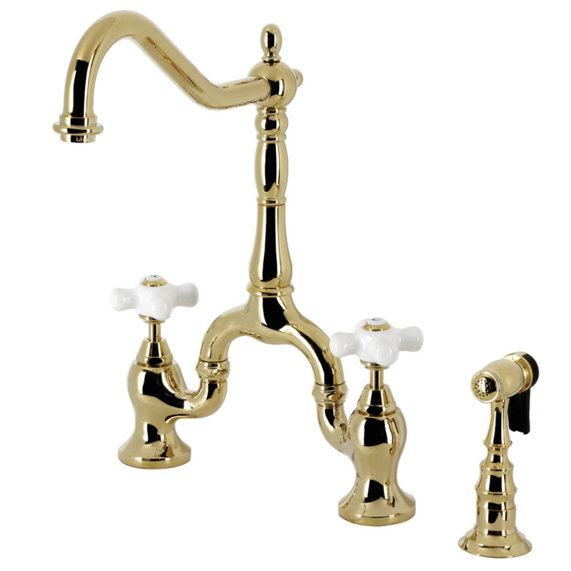 Kingston Brass English Country Two-Handle 3-Hole Deck Mount Bridge Kitchen Faucet with Brass Side Sprayer, Polished Brass