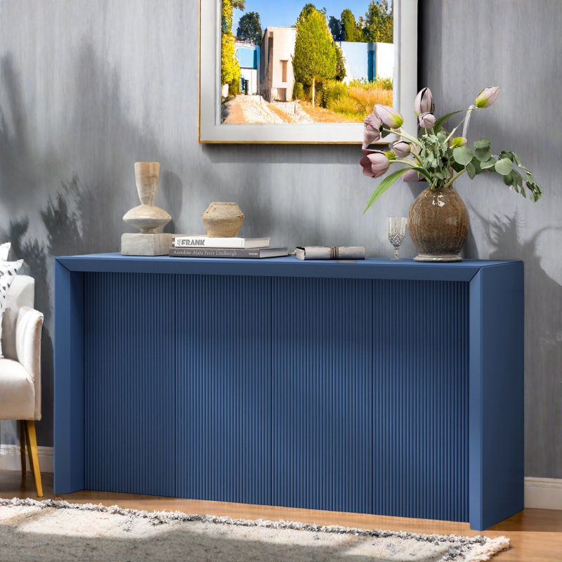 Console Table With Simple Lines And Rear Panel, Navy Blue