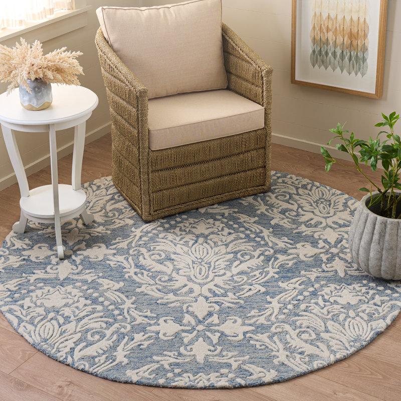 Tapis bleu / ivoire en laine touffeté à la main Ferrera, Rond 6 pi