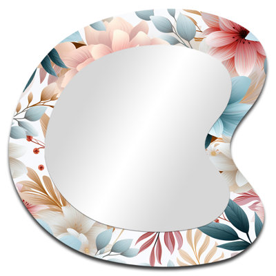 Theodosia Pastel Bohemian Flowers Pattern - Floral Irregular Shape Decorative Mirror, Cottage Asymmetrical Wall Mirror, Printed Metal Art