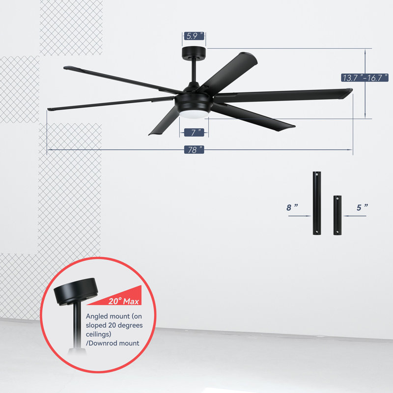 Ventilateur de plafond 78 pales 78 po noir mat avec ensemble d'éclairage DEL et télécommande