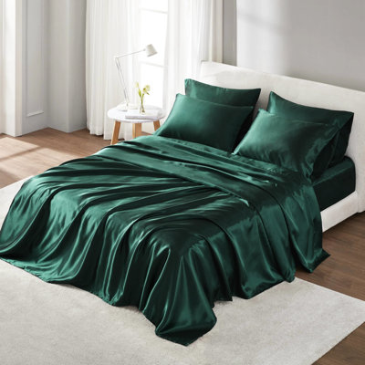 Ensemble de literie pour lit simple en satin - zone de confort infroissable, compatible avec un matelas de 16 po, 1 drap plat, 4 taies d'oreiller ajustées, sensation moelleuse, collection de draps froissés, s'adapte aux matelas