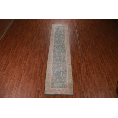 Vegetable Dye Blue Oushak Turkish Runner Rug 3x12