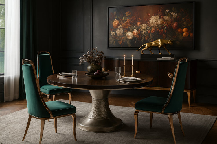 transitional-style dining room with a moody color palette, dark gray walls, and emerald green dining chairs