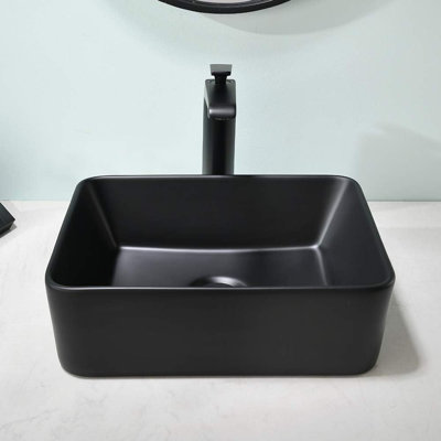 SOUEEUM 15'' Black Ceramic Rectangular Bathroom Sink