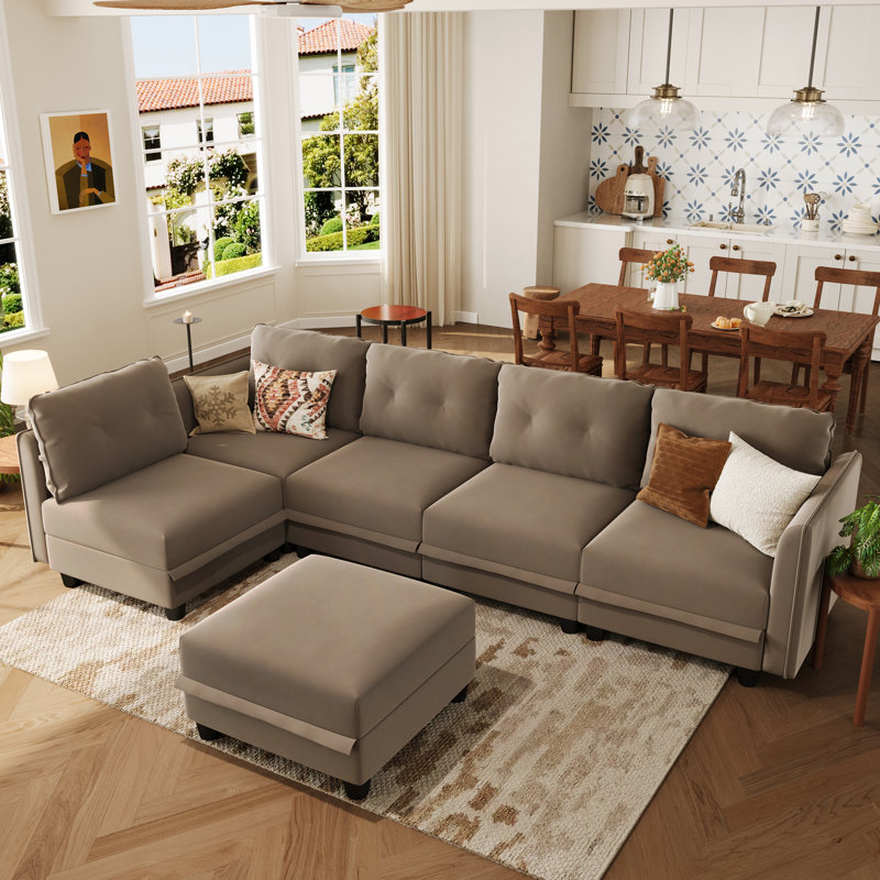 Canapé modulaire en L rembourré 6 pièces avec rangement Tomario, Polyester brun