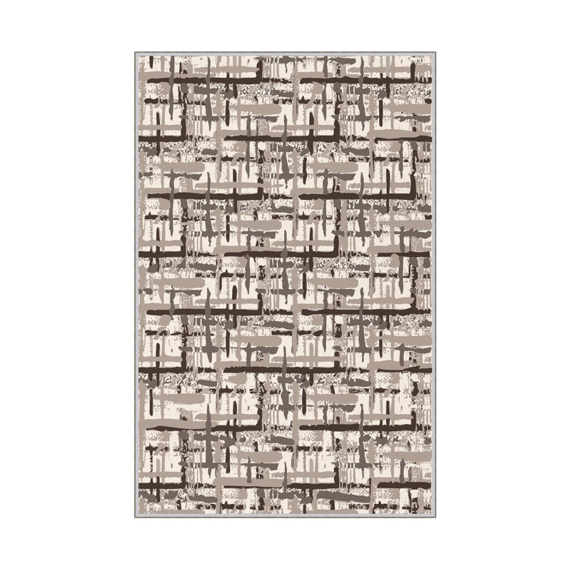 Tapis abstrait en polyester fabriqué à la machine en brun, Rectangle 5 pi 3 po x 7 pi 7 po