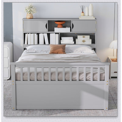 Captain Platform Bed Frame With Storage Bookcases And Shelves,Four Drawers