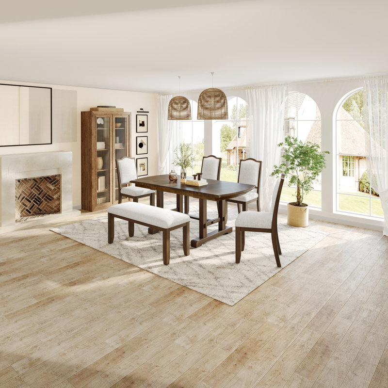 Ensemble de table de salle à manger extensible six pièces avec rallonge amovible, chaises rembourrées et banc, idéal pour les soupers en famille et les rassemblements