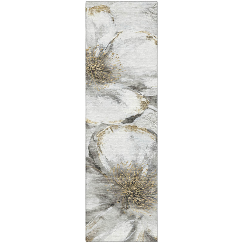 Premium Machine Washable Mayfield AMF2055 Floral Rug, 2'3" x 7'6" Runner, Silver