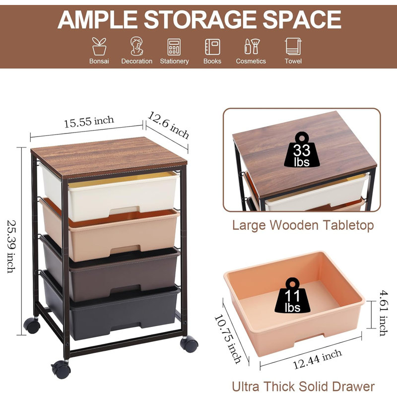 Utility Cart With 4 Drawers,Rolling Storage Cart With Drawers,Storage Rolling Drawer Cart,Brown, Brown