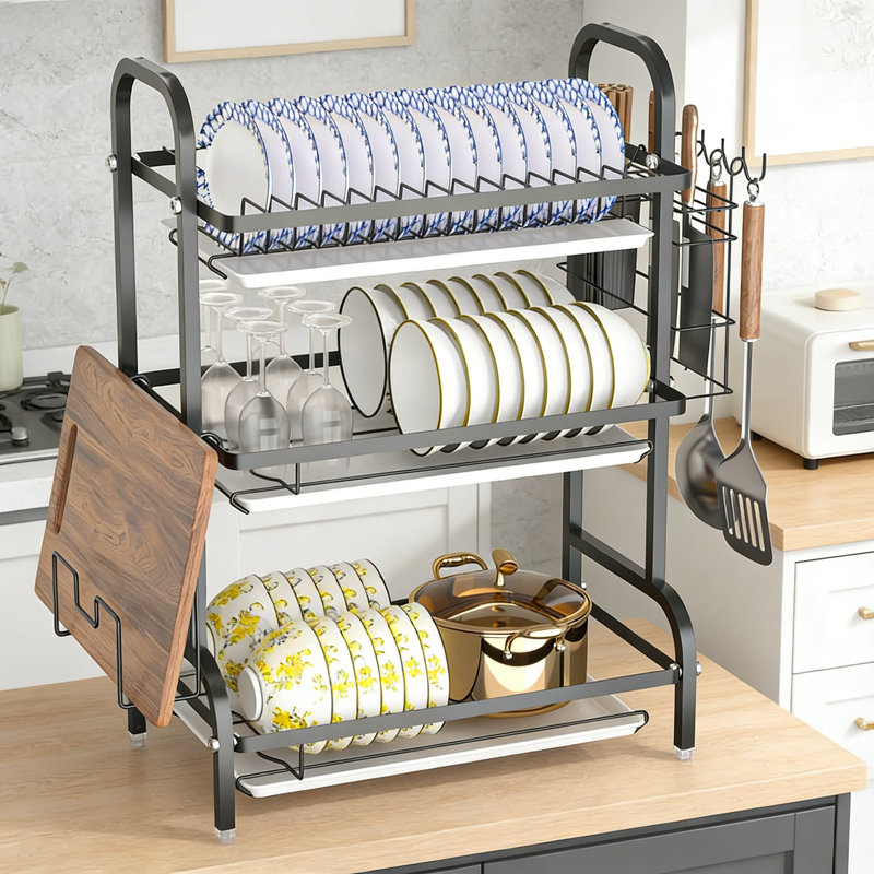 3-Tier Stainless Steel Dish Rack With Removable Drain Tray - Large Capacity Kitchen Counter Drying Rack With Foldable Hooks And Utensil Holder For Space Saving