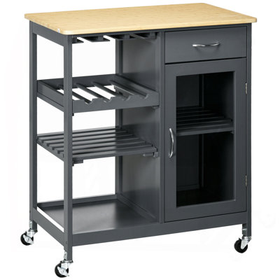 Rolling Kitchen Island With Storage, Kitchen Cart With 4-Bottle Wine Rack, Bar Cart With Stemware Holder, Shelves, Drawer And Cabinet