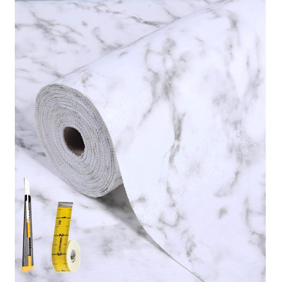 Doublure de tiroir et de tablette à 2 couches pour les armoires de cuisine: Tablettes imperméables et antidérapantes en papier pour réfrigérateur et doublures en marbre blanc pour la salle de bain avec ruban à mesurer