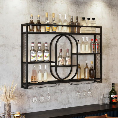 39" Upgrade Metal Wall Mounted Wine Rack, 3-Tier Large Capacity Hanging Bar Shelf, Modern Liquor Wall Shelves For Home & Dining by Everly Quinn