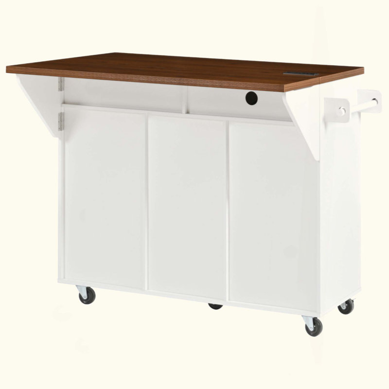 Îlot de cuisine cannelé avec abattant, prise de courant, chariot de rangement de cuisine avec tablettes réglables, 2 portes et 2 tiroirs, table d'îlot roulant avec plateau de couleur noyer pour la cuisine