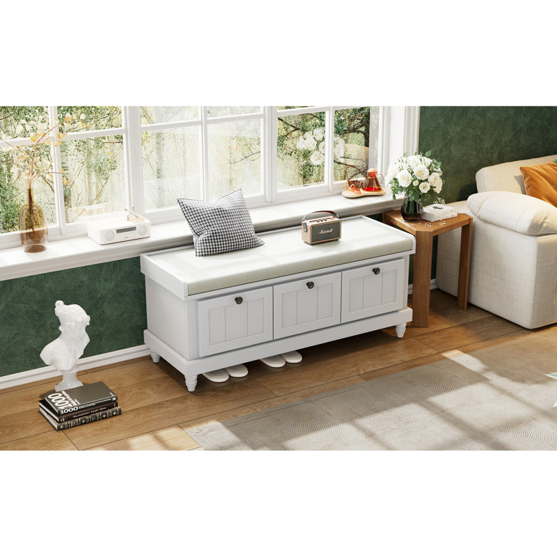 Classic Shoe Bench With Cushion And Three Drawers, Fluted Entryway Bench With Storage For Living Room, Entryway, And Hallways (Light Gray, OLD SKU: N715P207812E ), Shoe Storage
