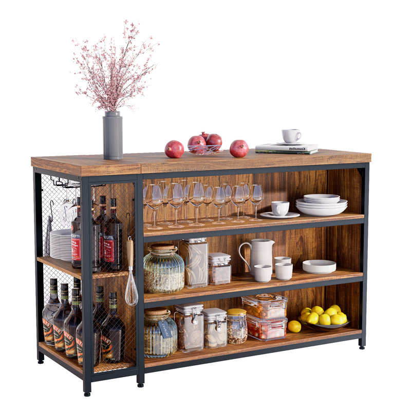 55” Kitchen Island With Seating And Storage 5-tier Open Shelves, Coffee Bar Cabinet With Extra-large Countertop, Spacious Leg Room & 2 Stemware Racks, Rustic Brown