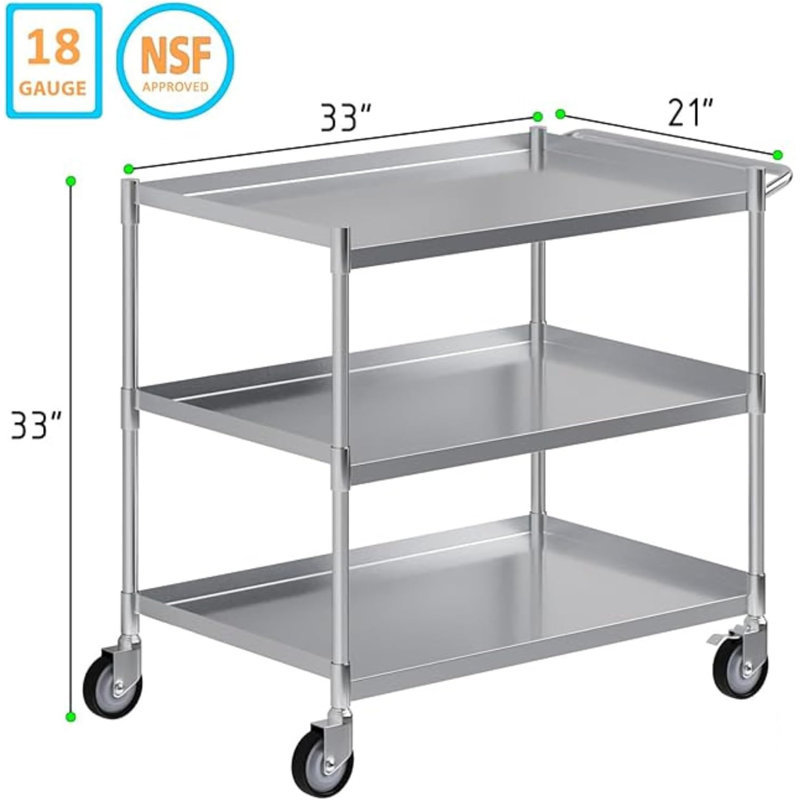 Chariot utilitaire tubulaire en acier inoxydable à 3 tablettes, chariot utilitaire en métal sur roulettes avec poignée