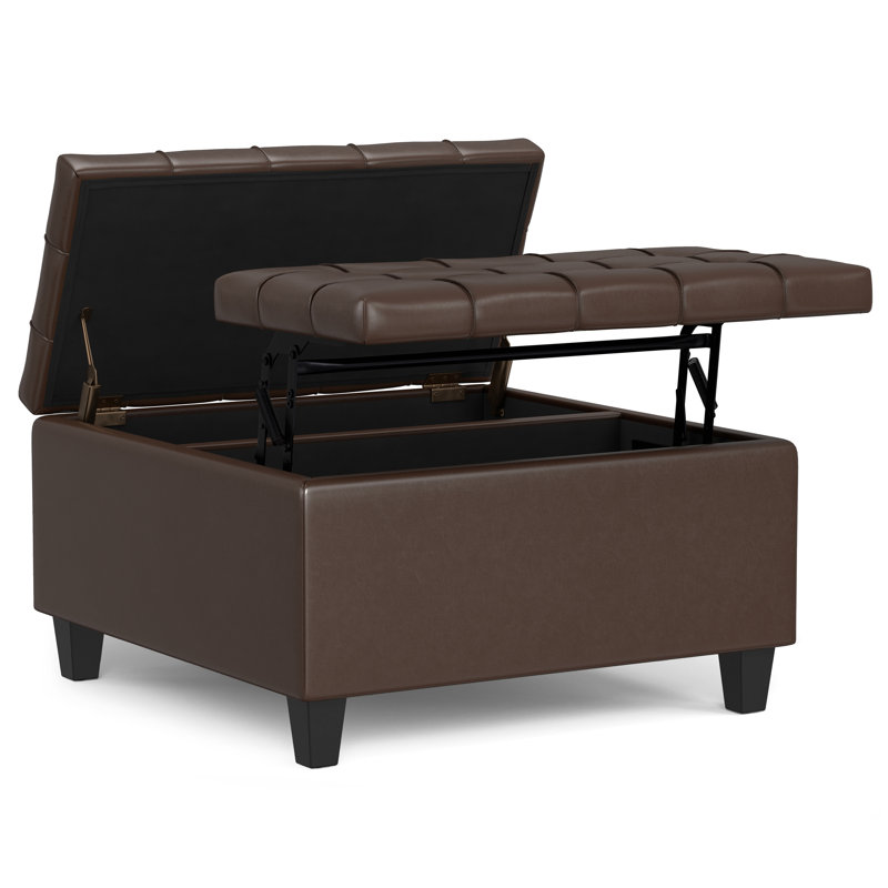 Harrison 30"W Upholstered Transitional Square Lift-Top Ottoman with Hidden Storage, Harrison Brown Faux Leather