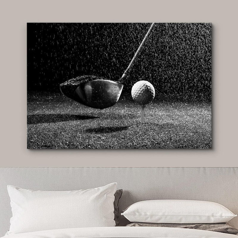 Décoration murale photographie noir et blanc or club et balle de golf garçons, H 32 po x l 48 po