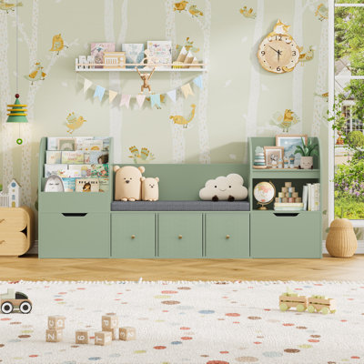 71.1"W Wood Kids Bookcase With 5 Drawers, Seat Cushion, Reading Nook & Toy Organizers by Latitude Run