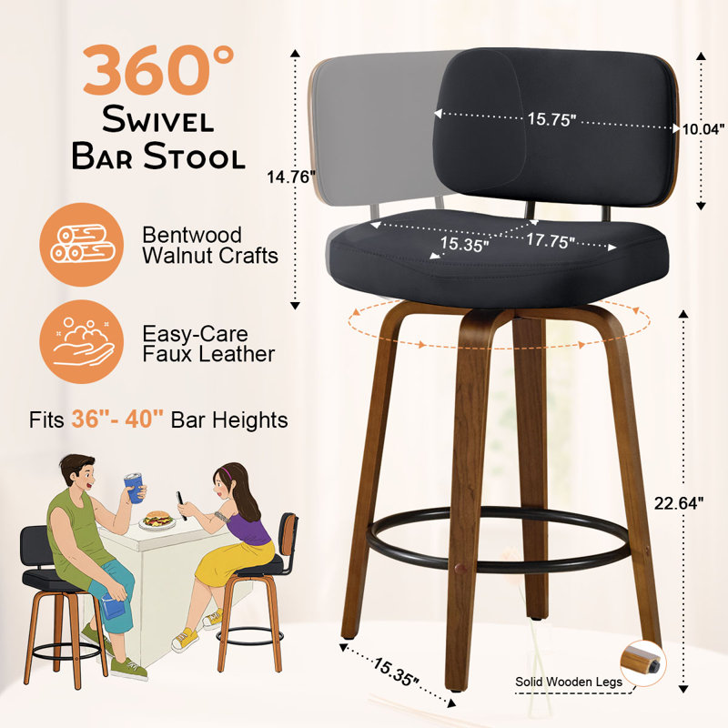 27" Swivel Faux Leather Counter Height Bar Stools with Backrest,Black, Black