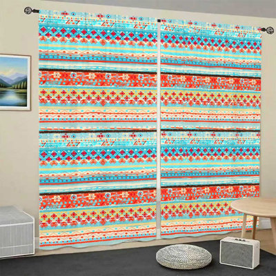 2Pcs Bohemian Striped Geometric Pattern Curtains, Southwestern Tribal Boho Style, Light Filtering and Privacy Drapes, Rod Pocket Design, for Living Room Bedroom Balcony Outdoor Home Decor