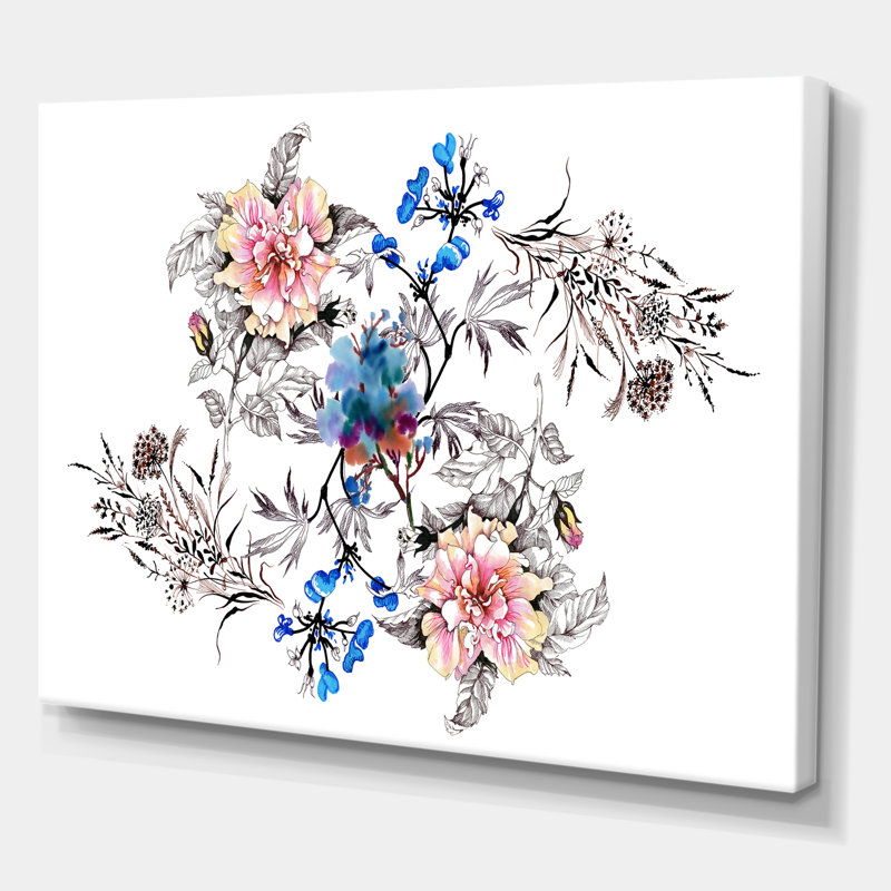 Fleurs bleues et roses - Peinture sur toile, H 16 po x l 32 po x p 1 po, Toile tendue
