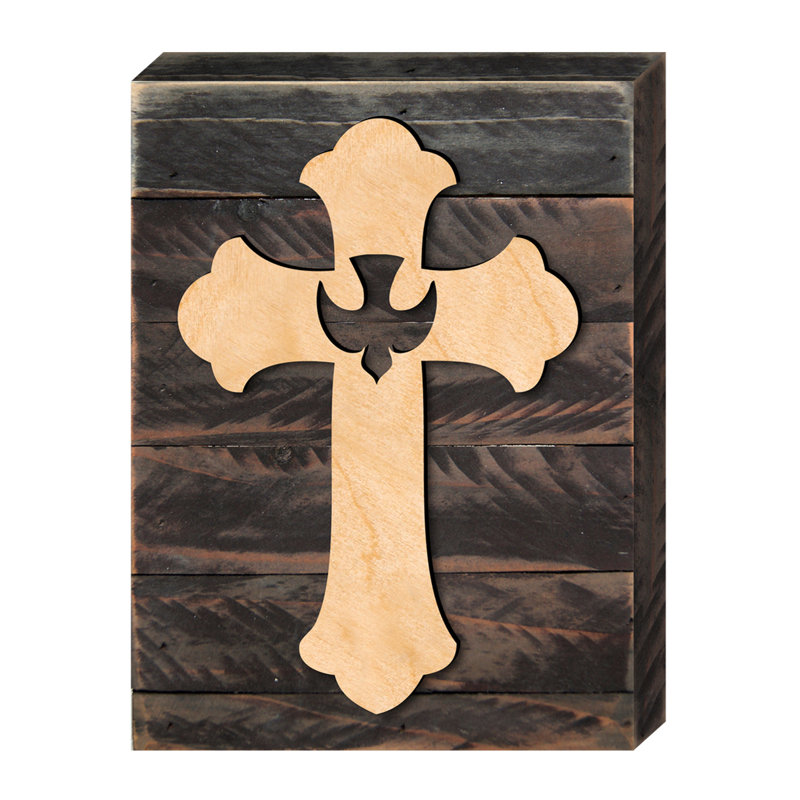 Décoration murale croix avec colombe sur panneau de bois, H 8 po x l 6 po x P 1,5 po
