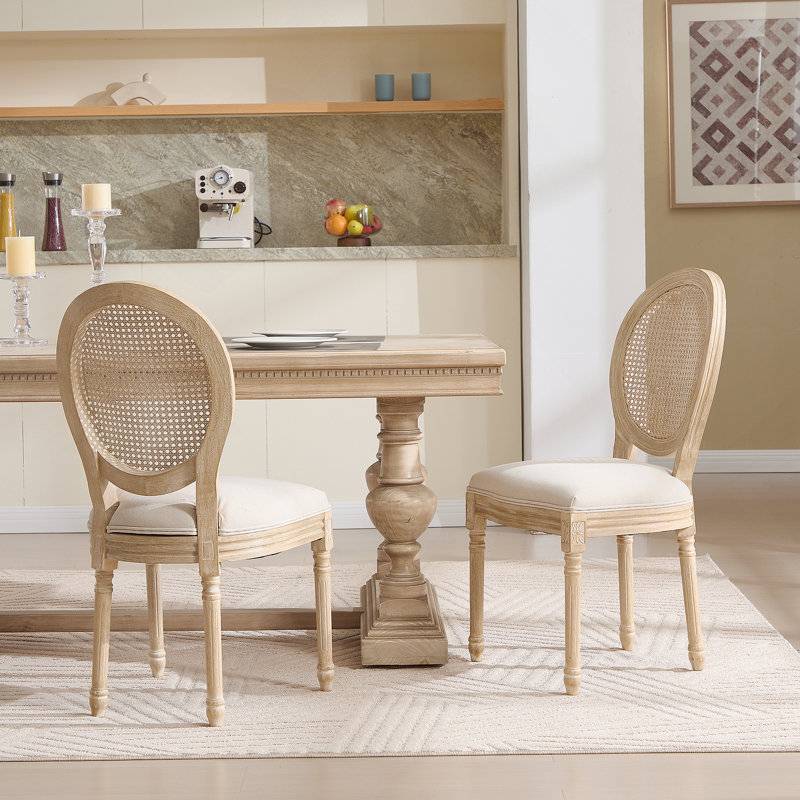 Ensemble de 2 chaises de salle à manger French Country, chaises rembourrées avec dossier rond en rotin naturel, techniques de tréfilage et de sculpture, démontables, pour le salon, la cuisine, beige