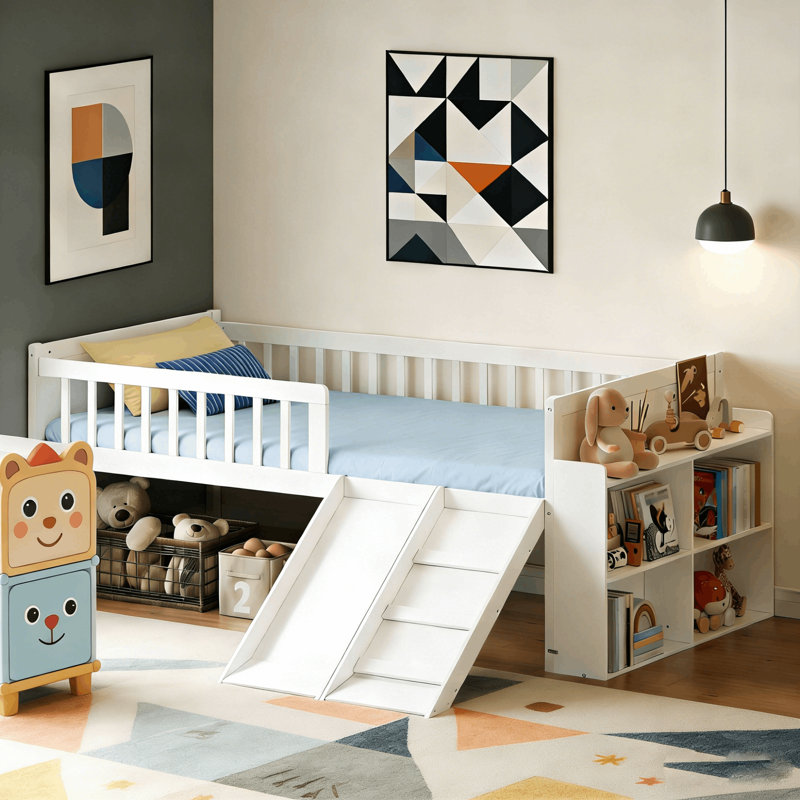Twin Size Low Loft Bed With Storage Shelves, Slide And Climbing Ladder, White