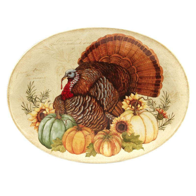 Rustic Multicolor Ceramic Oval Serving Platter with Animal and Floral Print