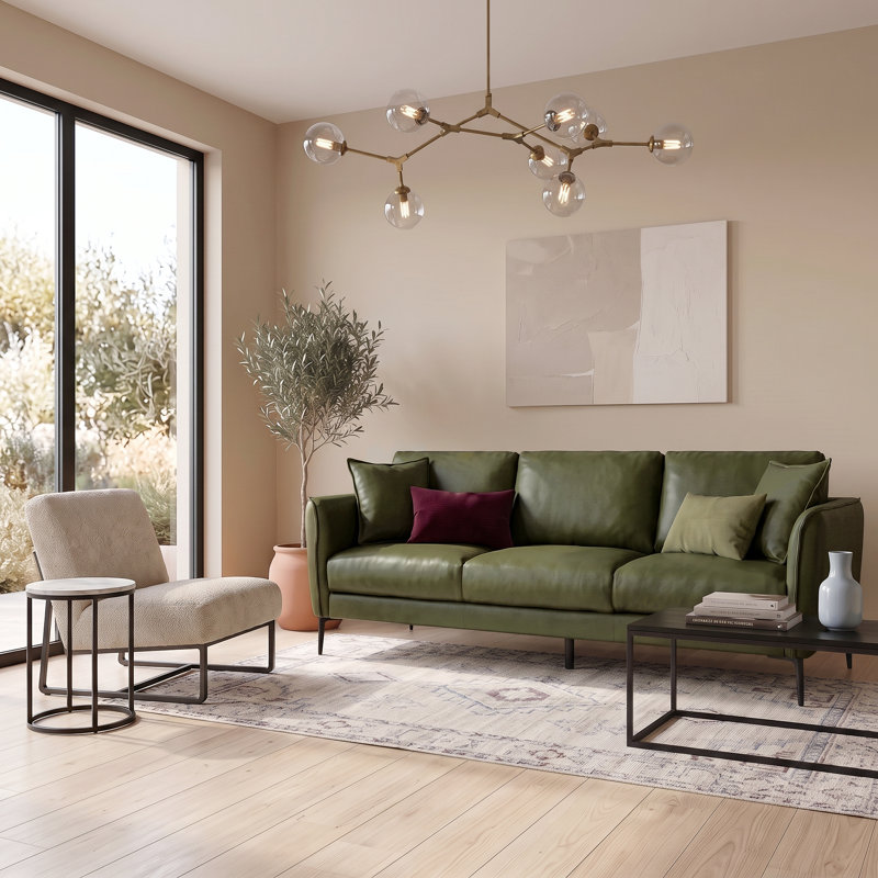 Canapé en cuir Vermont de style moderne du milieu du siècle avec accoudoirs incurvés et coussins décoratifs, Vert