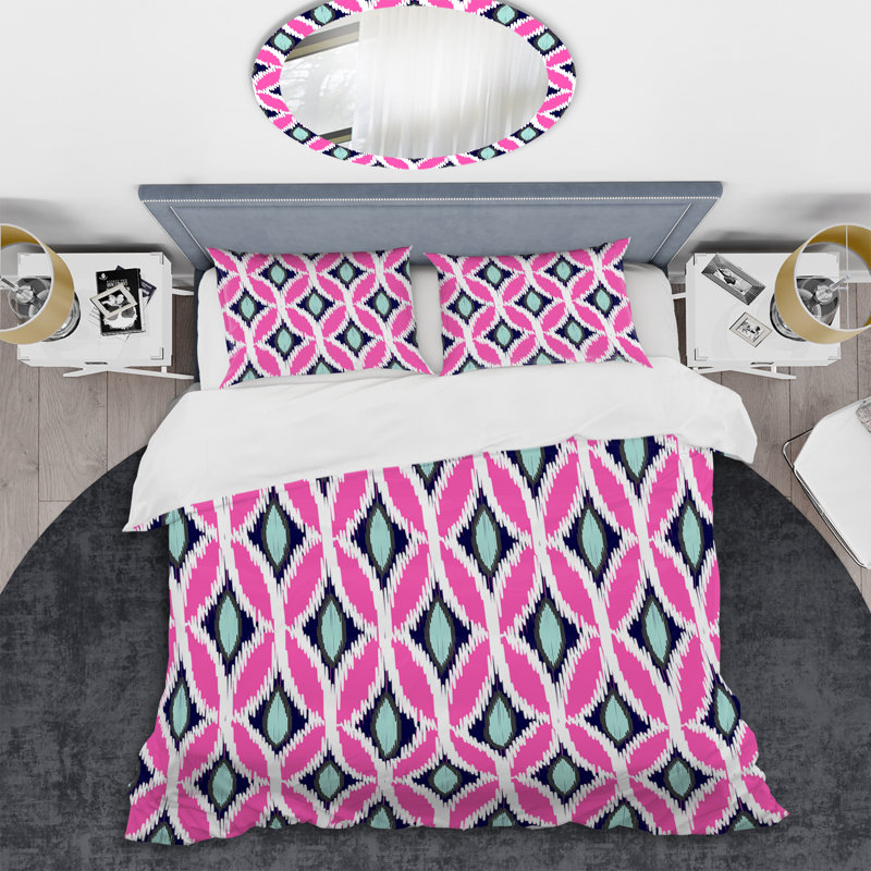 Ensemble de housse de couette à motif floral rose Ikat Ogee, Housse de couette pour grand lit et 2 taies décor