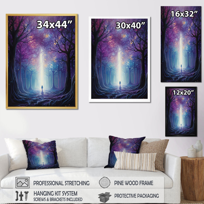 «Man Walking Alone Mystical Forest» sur toile, Cadre flottant blanc, 32" H x 24" W